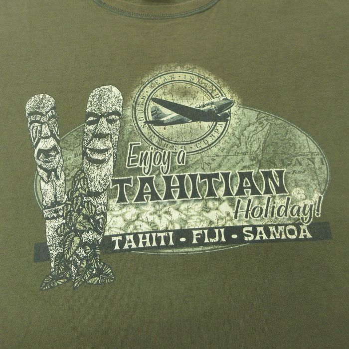 【中古】古着 半袖 ビンテージ ヴィンテージTシャツ メンズ 90年代 90s タヒチアン 石像 飛行機 大きいサイズ 2L LL ビッグシルエット ゆったり ビッグサイズ オーバーサイズ クルーネック 丸首 USA製 アメリカ製 濃緑 グリーン XLサイズ 中古 | 春夏 夏物 夏服