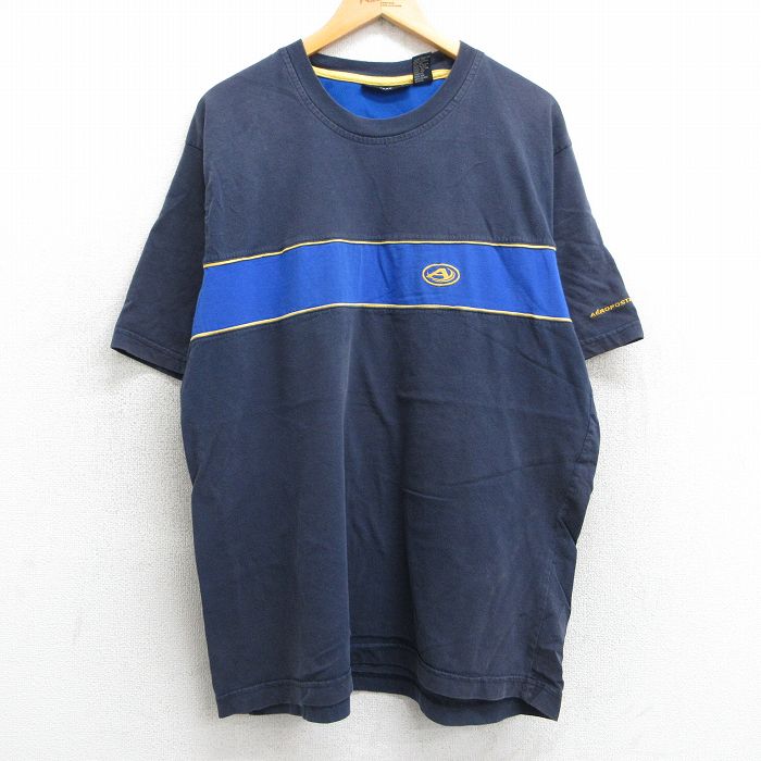 【中古】古着 エアロポステール AEROPOSTALE 半袖 ビンテージ ヴィンテージTシャツ メンズ 00年代 00s ワンポイントロゴ ツートンカラー バイカラー コットン クルーネック 丸首 紺他 ネイビー XLサイズ 中古 | 春夏 夏物 夏服 ヴィンテージTシャツ メンズファッ