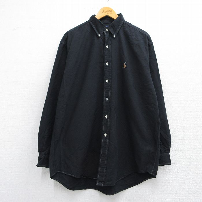【中古】古着 ラルフローレン Ralph Lauren 長袖 ブランドシャツ メンズ 90年代 90s ワンポイントロゴ BLAKE オックスフォード 大きいサイズ 2L LL ビッグシルエット ゆったり ビッグサイズ オーバーサイズ ロング丈 コットン ボタンダウン 黒 ブラック XLサイズ