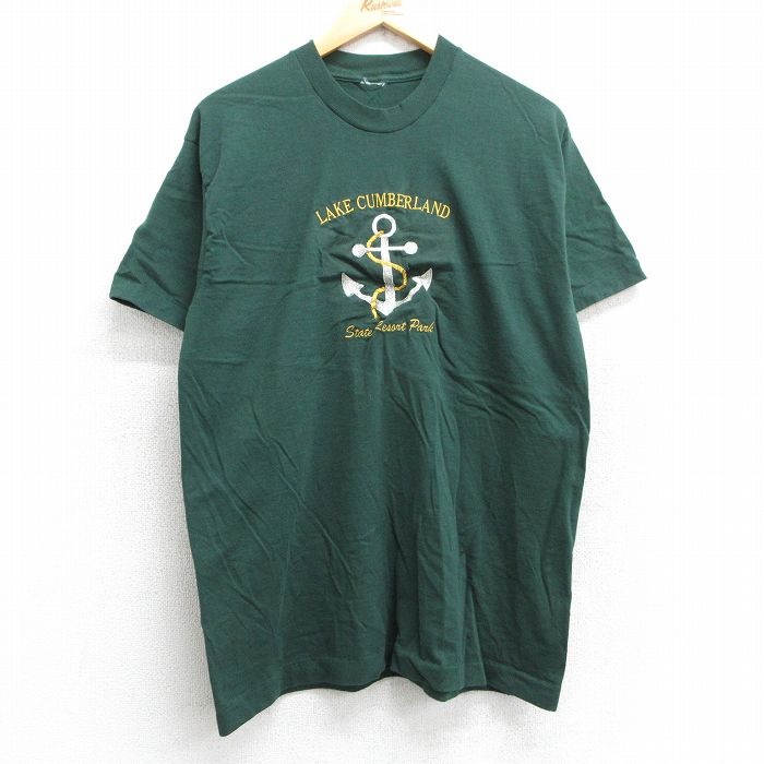 乐天商城 - 【中古】古着 半袖 ビンテージ ヴィンテージTシャツ メンズ 90年代 90s イカリ カンバーランド湖 刺繍 クルーネック 丸首 緑 グリーン Lサイズ 中古 | 春夏 夏物 夏服 ヴィンテージTシャツ メンズファッション カットソー ティーシャツ ティシャツ メンズTシャツ