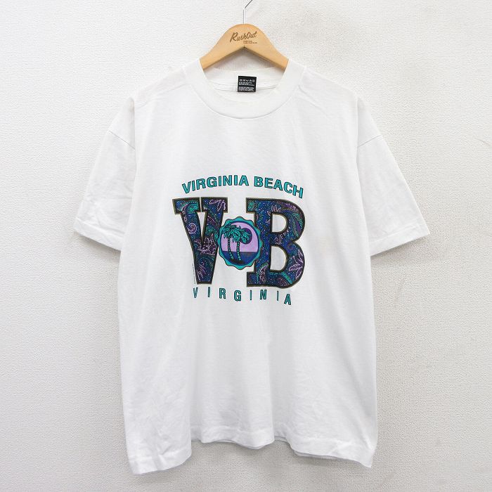 【中古】古着 フルーツオブザルーム 半袖 ビンテージ ヴィンテージTシャツ メンズ 90年代 90s バージニアビーチ ヤシの木 クルーネック 丸首 白 ホワイト XLサイズ 中古 | 春夏 夏物 夏服 ヴィンテージTシャツ メンズファッション カットソー ティーシャツ ティシ