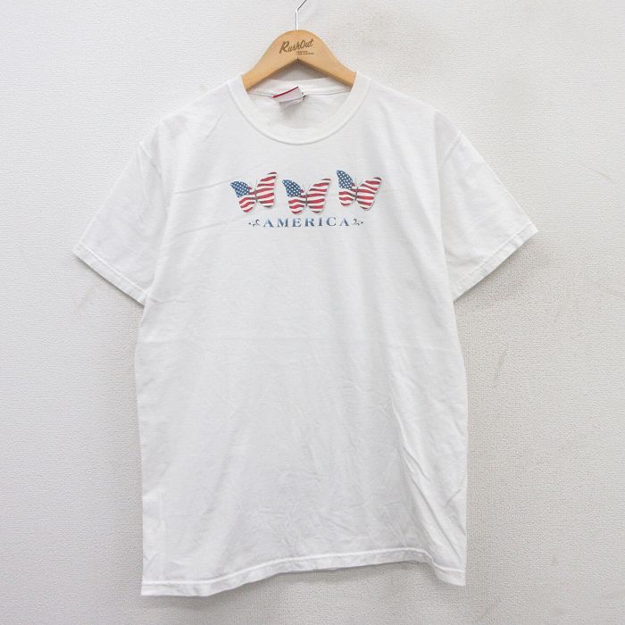 樂天商城 - 【中古】古着 半袖 ビンテージ ヴィンテージTシャツ メンズ 00年代 00s 蝶々 星条旗 コットン クルーネック 丸首 白 ホワイト Lサイズ 中古 | 春夏 夏物 夏服 ヴィンテージTシャツ メンズファッション カットソー ティーシャツ ティシャツ メンズTシャツ 半袖Tシ