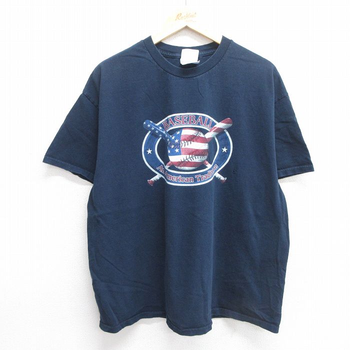 【中古】古着 00s ヴィンテージ ベースボールTシャツ メンズ XLサイズ 紺 コットン クルーネック ビッグシルエット アメカジ ストリート 大きいサイズ カジュアル 25may16