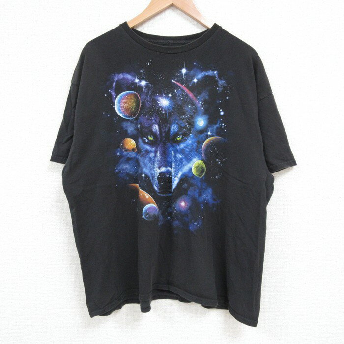【中古】古着 半袖Tシャツ メンズ オオカミ 大きいサイズ 2L LL ビッグシルエット ゆったり ビッグサイズ オーバーサイズ コットン クルーネック 丸首 黒 ブラック XLサイズ 中古 | 春夏 夏物 夏服 メンズファッション カットソー ティーシャツ ティシャツ メンズ