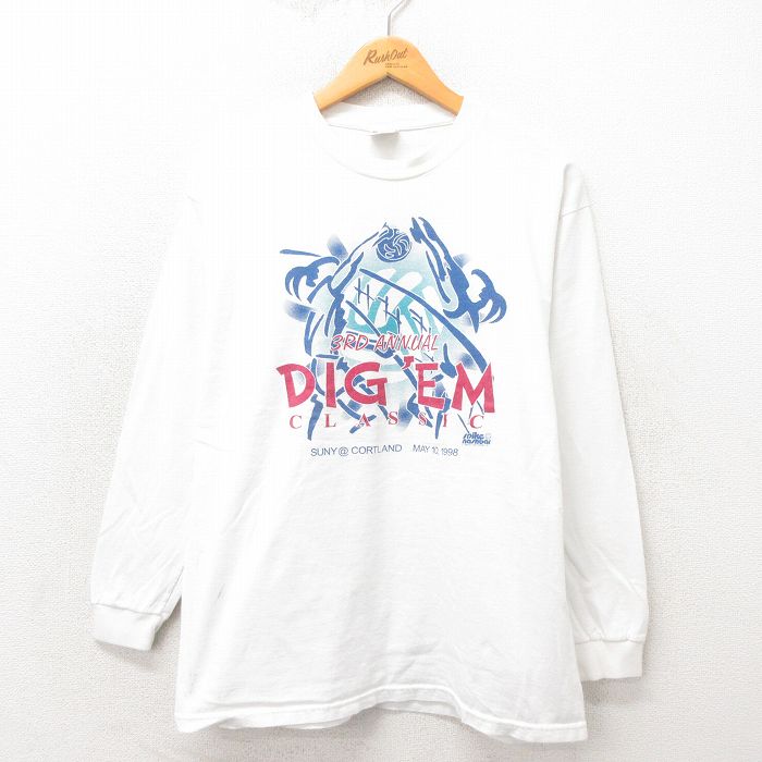 乐天商城 - 【中古】古着 90s 長袖Tシャツ メンズ ホワイト Lサイズ バレーボール プリント ヴィンテージ ビッグロゴ スポーツ アメカジ ストリート カジュアル きれいめ レトロ オールド 5OF
