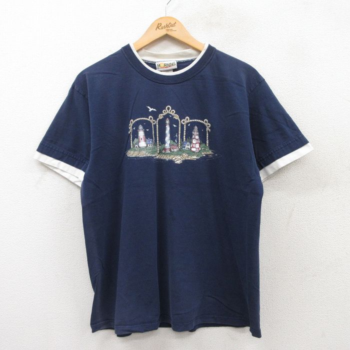 乐天商城 - 【中古】古着 90s ヴィンテージTシャツ メンズ Lサイズ 灯台プリント 紺 USA製 コットン クルーネック アメカジ ストリート カジュアル きれいめ レトロ 25may17 5OF