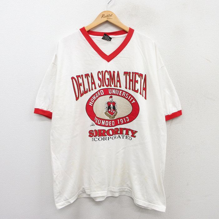 樂天商城 - 【中古】古着 半袖 ビンテージ ヴィンテージTシャツ メンズ 90年代 90s デルタ シグマ ハワード カレッジ 大きいサイズ 2L LL ビッグシルエット ゆったり ビッグサイズ オーバーサイズ コットン Vネック USA製 アメリカ製 白 ホワイト XLサイズ 中古 | 春夏 夏物