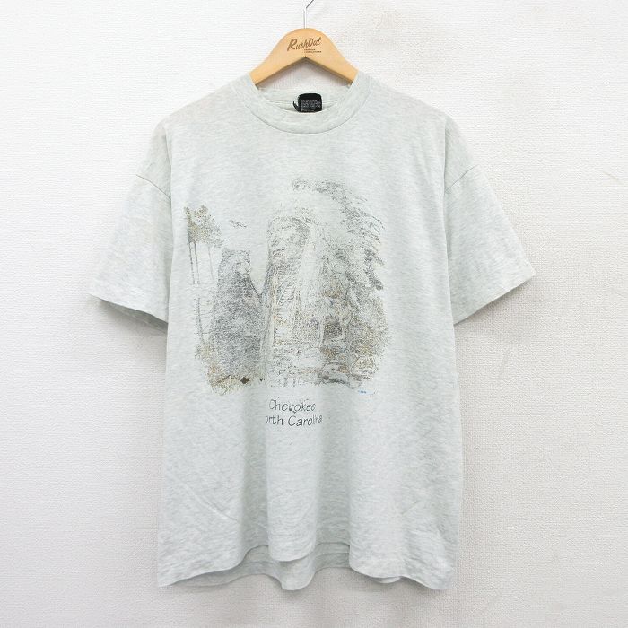 【中古】古着 フルーツオブザルーム 半袖 ビンテージ ヴィンテージTシャツ メンズ 90年代 90s インディアン クマ 大きいサイズ 2L LL ビッグシルエット ゆったり ビッグサイズ オーバーサイズ クルーネック 丸首 USA製 アメリカ製 薄グレー 霜降り XLサイズ 中古 5OF