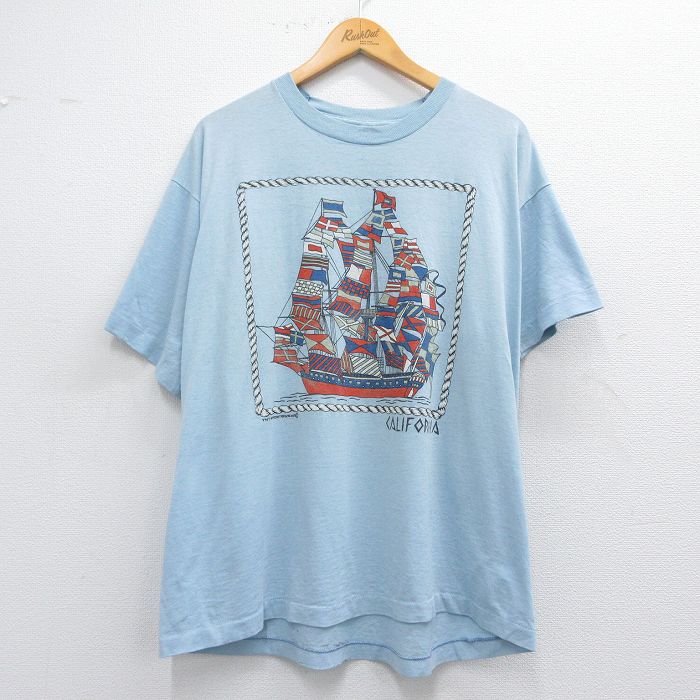 STREET - 【中古】古着 80s ヴィンテージTシャツ メンズ 薄紺 USA製 XLサイズ 船 カリフォルニア クルーネック アメカジ ストリート カジュアル きれいめ レトロ オールド 5OF