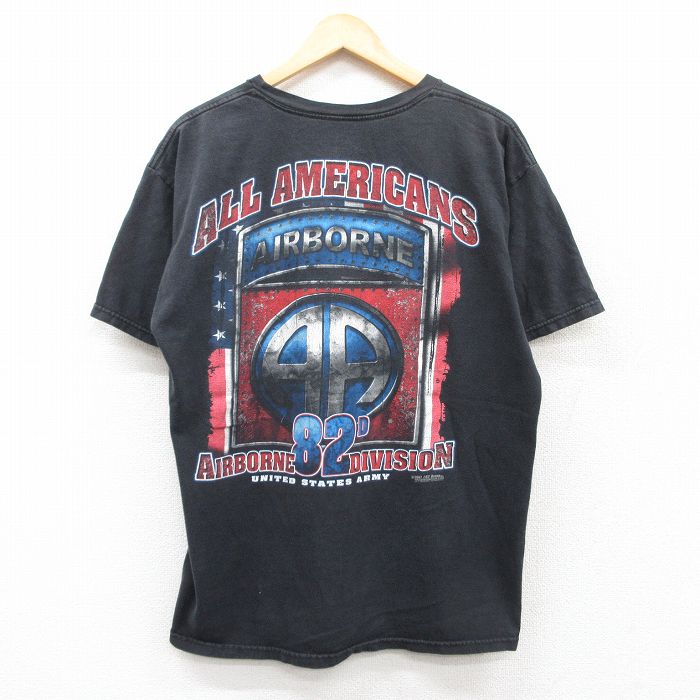 Military - 【中古】古着 00s ヴィンテージTシャツ メンズ ミリタリー パラシュート部隊 半袖 クルーネック 黒 XLサイズ コットン アメカジ ストリート カジュアル きれいめ レトロ オールド