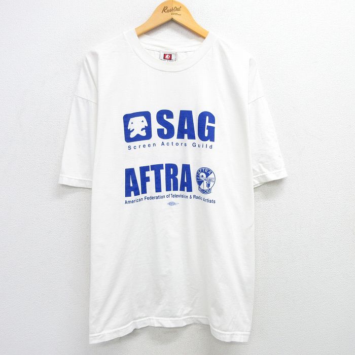 【中古】古着 半袖 ビンテージ ヴィンテージTシャツ メンズ 90年代 90s SAG AFTRA 大きいサイズ 2L LL ビッグシルエット ゆったり ビッグサイズ オーバーサイズ コットン クルーネック 丸首 USA製 アメリカ製 白 ホワイト XLサイズ 中古 | 春夏 夏物 夏服 ヴィン 5OF