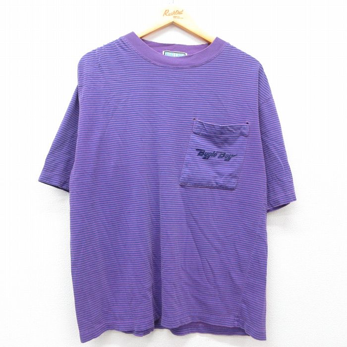 【中古】古着 ビューグルボーイ 90s 半袖ヴィンテージTシャツ メンズ Lサイズ 紫 パープル ワンポイントロゴ 胸ポケット付き クルーネック コットン ボーダー アメカジ ストリート【spe】