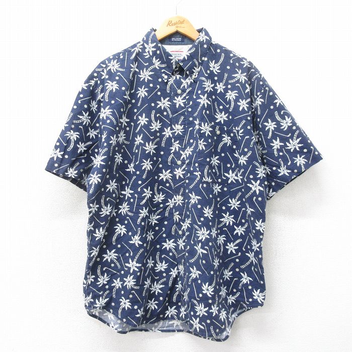 乐天商城 - 【中古】古着 ビューグルボーイ 半袖 ハワイアンシャツ アロハシャツ メンズ 00年代 00s ヤシの木 ゴルフ 大きいサイズ 2L LL ビッグシルエット ゆったり ビッグサイズ オーバーサイズ ロング丈 コットン ボタンダウン 紺他 ネイビー XLサイズ 中古 アロハ トップ