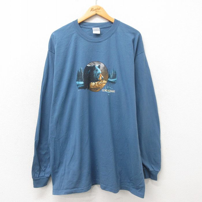 【中古】古着 長袖 ビンテージ ヴィンテージTシャツ メンズ 00年代 00s クマ 大きいサイズ 2L LL ビッグシルエット ゆったり ビッグサイズ オーバーサイズ ロング丈 コットン クルーネック 丸首 紺 ネイビー XLサイズ 中古 | 春夏 春物 春服 秋冬 秋物 秋服 メン