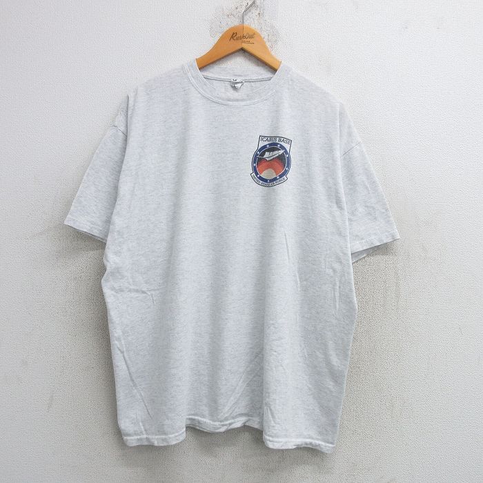 【中古】古着 半袖 ビンテージ ヴィンテージTシャツ メンズ 00年代 00s ICARUS BASE 大きいサイズ 2L LL ビッグシルエット ゆったり ビッグサイズ オーバーサイズ クルーネック 丸首 薄グレー 霜降り XLサイズ 中古 | 春夏 夏物 夏服 ヴィンテージTシャツ メンズ