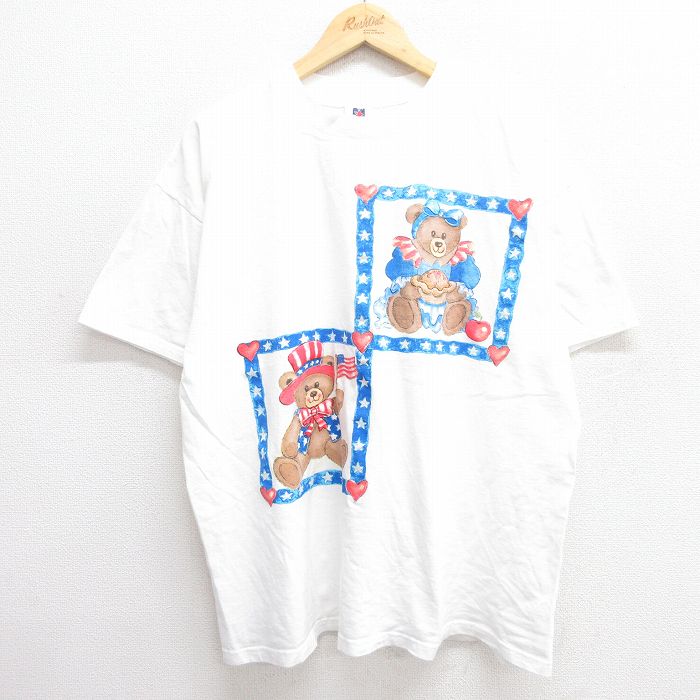 乐天商城 - 【中古】古着 90s ヴィンテージTシャツ メンズ LLサイズ ホワイト コットン USA製 クマ テディベア柄 クルーネック ビッグシルエット 大きいサイズ アメカジ ストリート