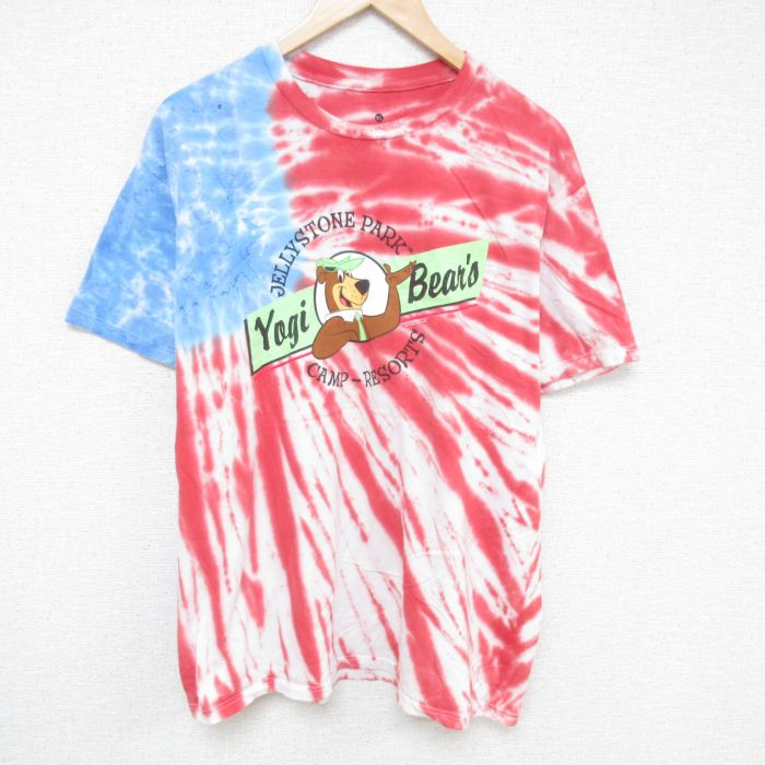 【中古】古着 半袖Tシャツ メンズ ヨギベア 大きいサイズ 2L LL ビッグシルエット ゆったり ビッグサイズ オーバーサイズ コットン クルーネック 丸首 赤他 レッド タイダイ XLサイズ 中古 | 春夏 夏物 夏服 メンズファッション カットソー ティーシャツ ティシャ 5OF