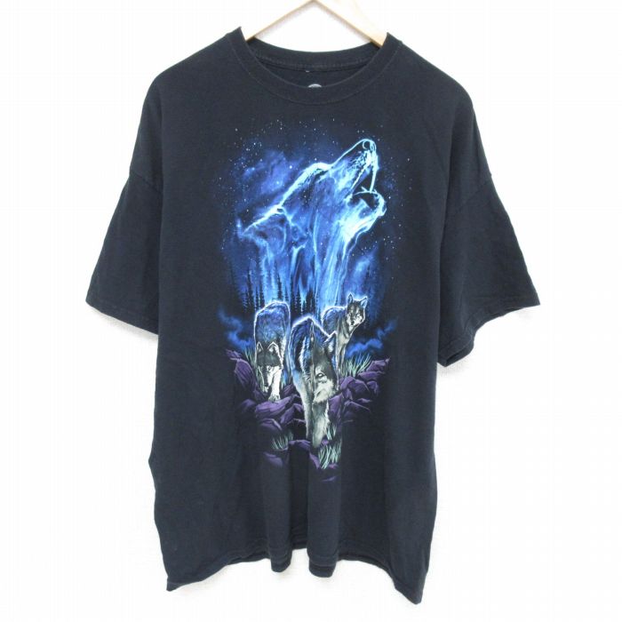 【中古】古着 半袖Tシャツ メンズ オオカミ 大きいサイズ 2L LL ビッグシルエット ゆったり ビッグサイズ オーバーサイズ コットン クルーネック 丸首 黒 ブラック XLサイズ 中古 | 春夏 夏物 夏服 メンズファッション カットソー ティーシャツ ティシャツ メンズ