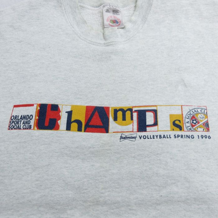 【中古】古着 フルーツオブザルーム 長袖スウェット メンズ 90年代 90s ChAmPs クルーネック 丸首 USA製 アメリカ製 薄グレー 霜降り XLサイズ 中古 スエット トレーナー トップス | 春夏 春物 春服 秋冬 秋物 秋服 メンズファッション カジュアル おしゃれ ファ