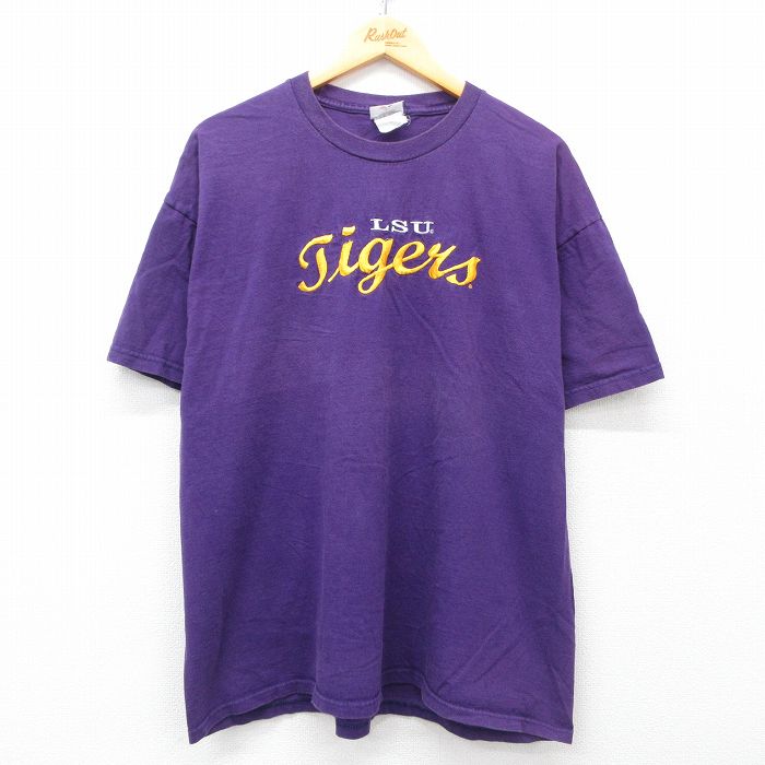 【中古】古着 ジャージーズ 半袖 ビンテージ ヴィンテージTシャツ メンズ 00年代 00s LSUタイガース フットボール 刺繍 大きいサイズ 2L LL ビッグシルエット ゆったり ビッグサイズ オーバーサイズ クルーネック 丸首 紫 パープル XLサイズ 中古 | 春夏 夏物 夏