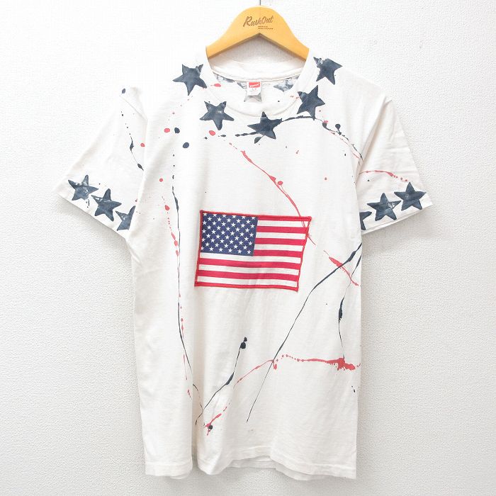 樂天商城 - 【中古】古着 ヘインズ Hanes 半袖 ビンテージ ヴィンテージTシャツ メンズ 80年代 80s 星条旗 ハンドペイント コットン クルーネック 丸首 USA製 アメリカ製 白 ホワイト Mサイズ 中古 | 春夏 夏物 夏服 ヴィンテージTシャツ メンズファッション カットソー ティ
