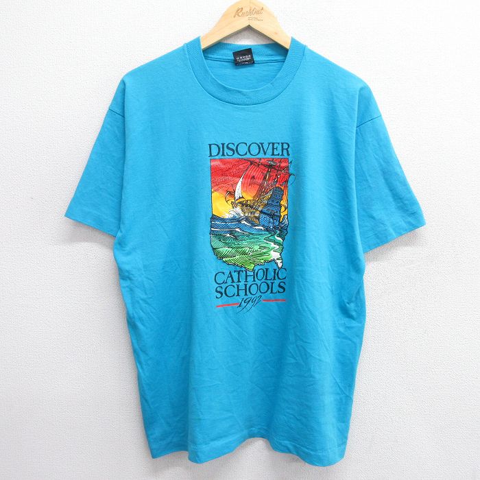 乐天商城 - 【中古】古着 スクリーンスターズ 半袖 ビンテージ ヴィンテージTシャツ メンズ 90年代 90s 船 カトリック クルーネック 丸首 USA製 アメリカ製 水色 XLサイズ 中古 | 春夏 夏物 夏服 ヴィンテージTシャツ メンズファッション カットソー ティーシャツ ティシャツ