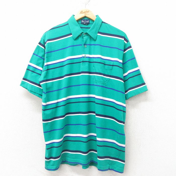 【中古】古着 Par Four 半袖 ポロシャツ メンズ 90年代 90s コットン 緑 グリーン ボーダー XLサイズ 中古 トップス | 春夏 春物 春服 夏物 夏服 カジュアルシャツ メンズファッション 半袖シャツ おしゃれ カジュアル 5OF(4.0)