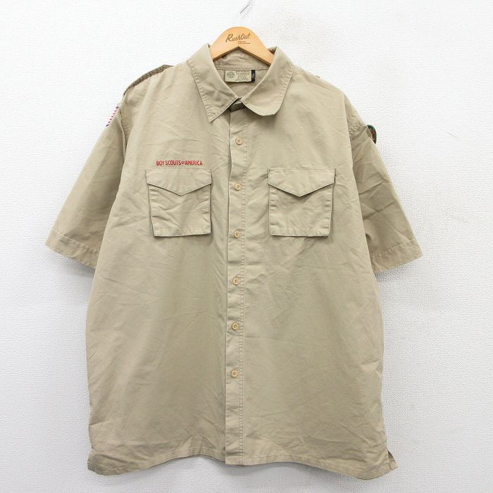 乐天商城 - 【中古】古着 半袖 ボーイスカウトシャツ メンズ ワッペン 大きいサイズ 2L LL ビッグシルエット ゆったり ビッグサイズ オーバーサイズ ベージュ カーキ XLサイズ 中古 トップス | 春夏 春物 春服 夏物 夏服 カジュアルシャツ メンズファッション 半袖シャツ お