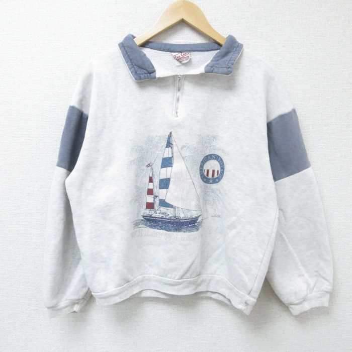 【中古】古着 長袖 ハーフジップスウェット メンズ 90年代 90s ヨット USA製 アメリカ製 薄グレー他 霜..