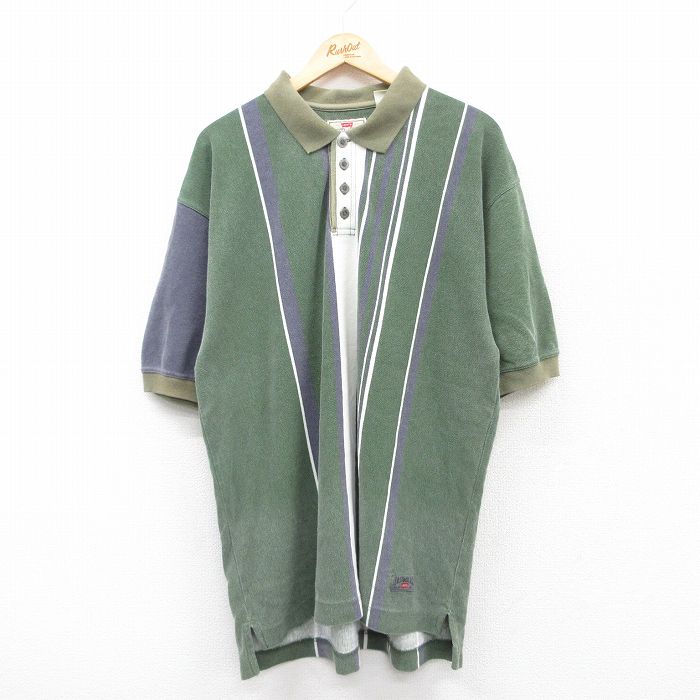 【中古】古着 リーバイス Levis 半袖 ブランド ポロシャツ メンズ 90年代 90s 鹿の子 大きいサイズ 2L LL ビッグシルエット ゆったり ビッグサイズ オーバーサイズ コットン 緑他 グリーン ストライプ XLサイズ 中古 トップス | 春夏 春物 春服 夏物 夏服 カジュ
