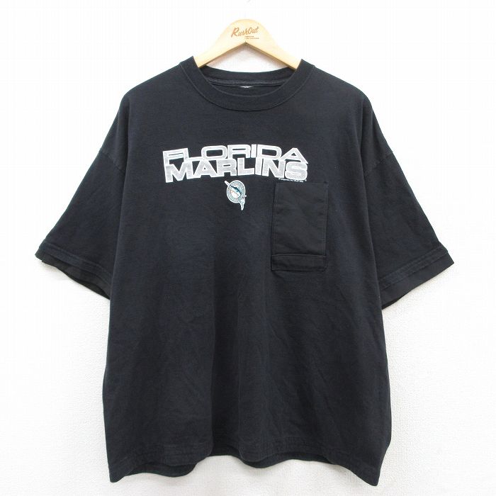 乐天商城 - 【中古】古着 半袖 ビンテージ ヴィンテージTシャツ メンズ 00年代 00s MLB フロリダマーリンズ 胸ポケット付き 大きいサイズ 2L LL ビッグシルエット ゆったり ビッグサイズ オーバーサイズ クルーネック 丸首 黒 ブラック メジャーリーグ ベースボール 野球 XL