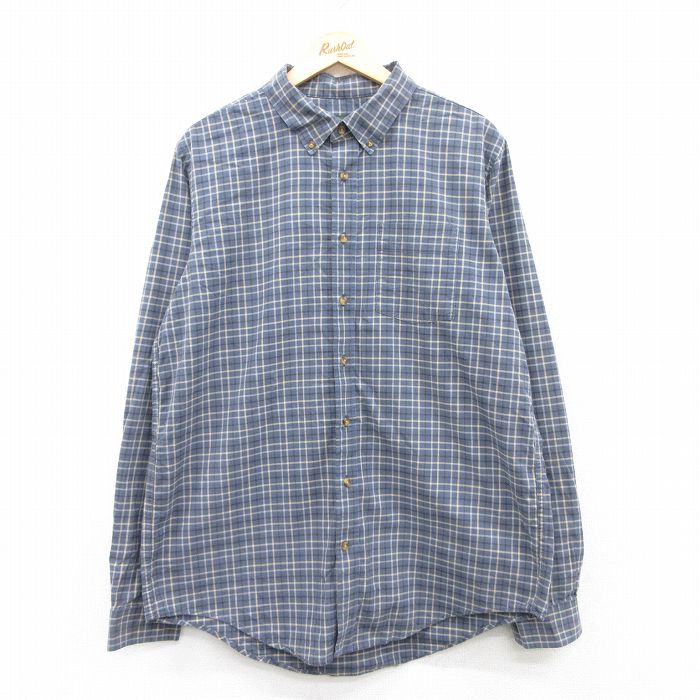 【中古】古着 エディーバウアー 長袖 ブランドシャツ メンズ コットン ボタンダウン 紺他 ネイビー チェック XLサイズ 中古 トップス | 春夏 春物 春服 秋冬 秋物 秋服 カジュアルシャツ メンズファッション 長袖シャツ おしゃれ カジュアル