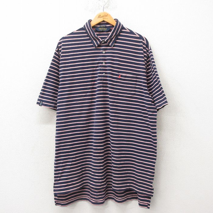 【中古】古着 ラルフローレン ポロシャツ メンズ 紺 ネイビー ボーダー ワンポイントロゴ Ralph Lauren 2Lサイズ 大きいサイズ ビッグシルエット トップス カジュアル