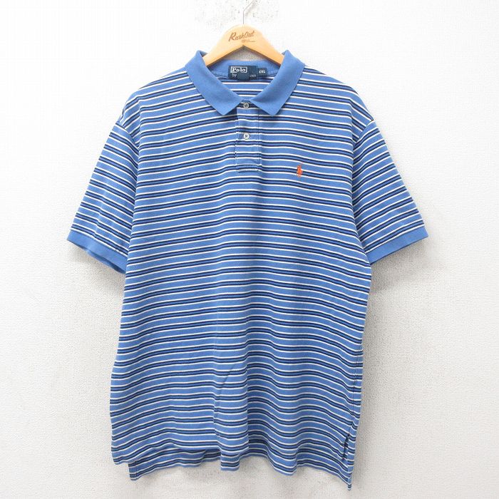 【中古】古着 ラルフローレン 90s 90年代 半袖ポロシャツ メンズ 薄紺 Ralph Lauren 2Lサイズ コットン 鹿の子 ワンポイントロゴ ボーダー アメカジ ストリート