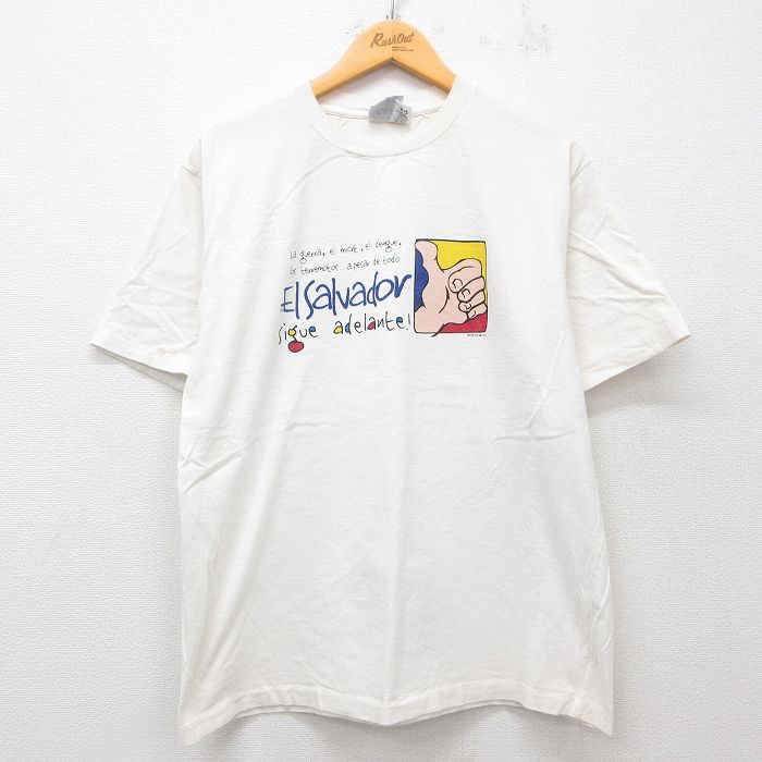 乐天商城 - 【中古】古着 半袖 ビンテージ ヴィンテージTシャツ メンズ 90年代 90s エルサルバドル コットン クルーネック 丸首 白 ホワイト Lサイズ 中古 | 春夏 夏物 夏服 ヴィンテージTシャツ メンズファッション カットソー ティーシャツ ティシャツ メンズTシャツ 半袖T