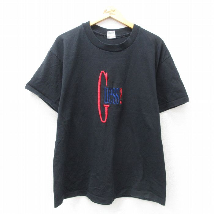 【中古】古着 ゲス GUESS 半袖 ビンテージ ヴィンテージTシャツ メンズ 90年代 90s ビッグロゴ 刺繍 コットン クルーネック 丸首 USA製 アメリカ製 黒 ブラック 【spe】 XLサイズ 中古 | 春夏 夏物 夏服 ヴィンテージTシャツ メンズファッション カットソー ティ