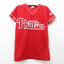 【中古】古着 半袖 ビンテージ ヴィンテージTシャツ キッズ ボーイズ 子供服 90年代 90s MLB フィラデルフィアフィリーズ メッシュ地 Vネック USA製 アメリカ製 赤 レッド メジャーリーグ ベースボール 野球 | 春夏 春物 春服 秋冬 秋物 秋服 女の子 子ども服 こ