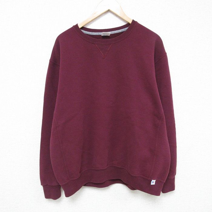 【中古】古着 ラッセル 長袖スウェット メンズ 00年代 00s 無地 大きいサイズ 2L LL ビッグシルエット ゆったり ビッグサイズ オーバーサイズ クルーネック 丸首 エンジ XLサイズ 中古 スエット トレーナー トップス | 春夏 春物 春服 秋冬 秋物 秋服 メンズファ