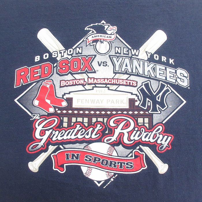 【中古】古着 半袖 ビンテージ ヴィンテージTシャツ メンズ 00年代 00s MLB ボストンレッドソックス ニューヨークヤンキース 大きいサイズ 2L LL ビッグシルエット ゆったり ビッグサイズ オーバーサイズ コットン クルーネック 丸首 紺 ネイビー メジャーリーグ