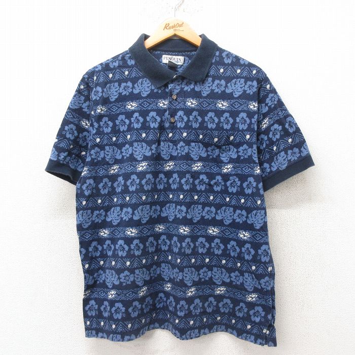 Rakuten - 【中古】古着 90s ポロシャツ メンズ Lサイズ 紺 ネイビー ハイビスカス ゴルフボール刺繍 コットン アメカジ ヴィンテージ ストリート カジュアル きれいめ 25jun06