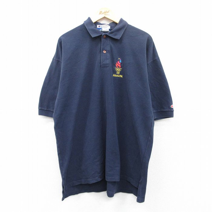 【中古】古着 チャンピオン Champion 半袖 ブランド ポロシャツ メンズ 90年代 90s アトランタオリンピック 鹿の子 大きいサイズ 2L LL ビッグシルエット ゆったり ビッグサイズ オーバーサイズ コットン 紺 ネイビー 【spe】 XLサイズ 中古 トップス | 春夏 春物 5OF