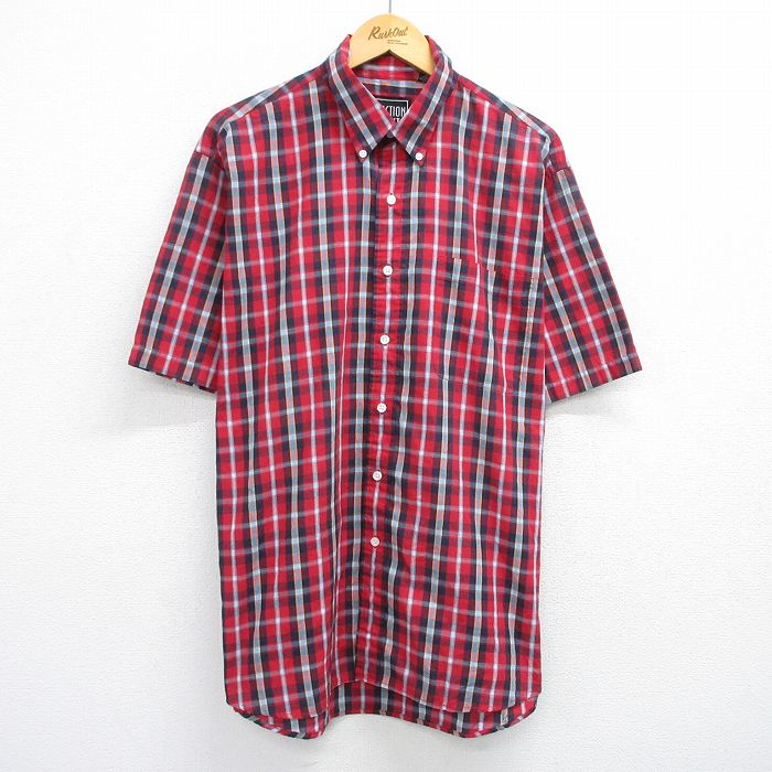 乐天商城 - 【中古】古着 半袖シャツ メンズ 大きいサイズ 2L LL ビッグシルエット ゆったり ビッグサイズ オーバーサイズ ボタンダウン 赤他 レッド チェック XLサイズ 中古 トップス | 春夏 春物 春服 夏物 夏服 カジュアルシャツ メンズファッション 半袖シャツ おしゃれ