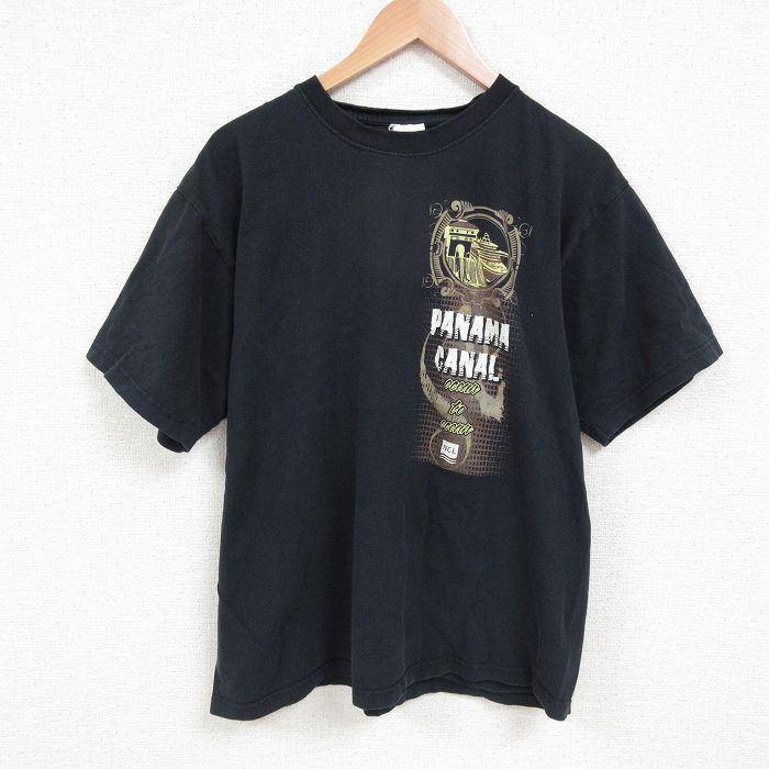 【中古】古着 半袖Tシャツ メンズ パナマ コットン クルーネック 丸首 黒 ブラック XLサイズ 中古 | 春..