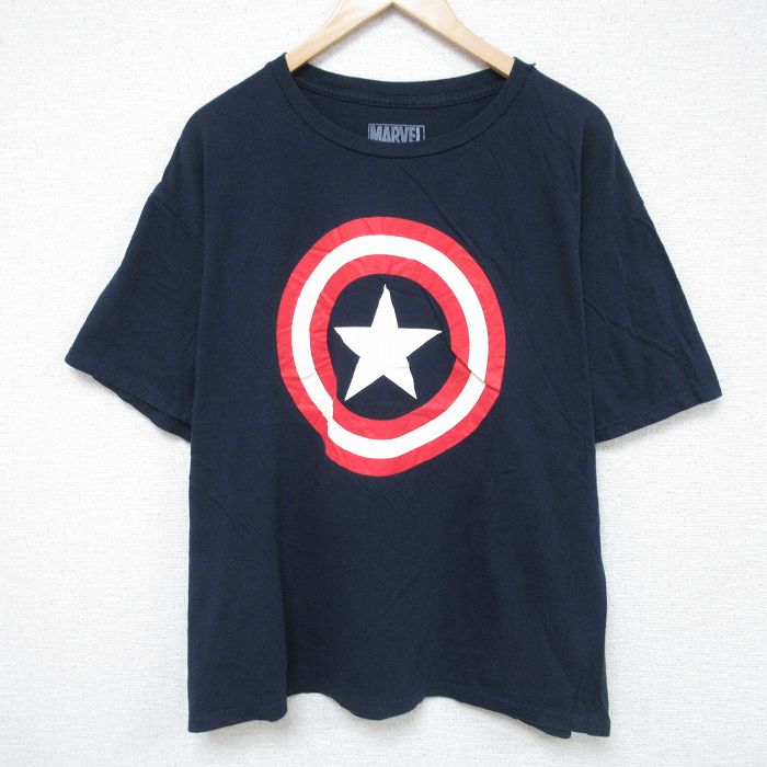 STREET - 【中古】古着 半袖Tシャツ キャプテンアメリカ メンズ ネイビー XLサイズ プリント アメカジ ストリート カジュアル きれいめ ヴィンテージ レトロ オールド 5OF