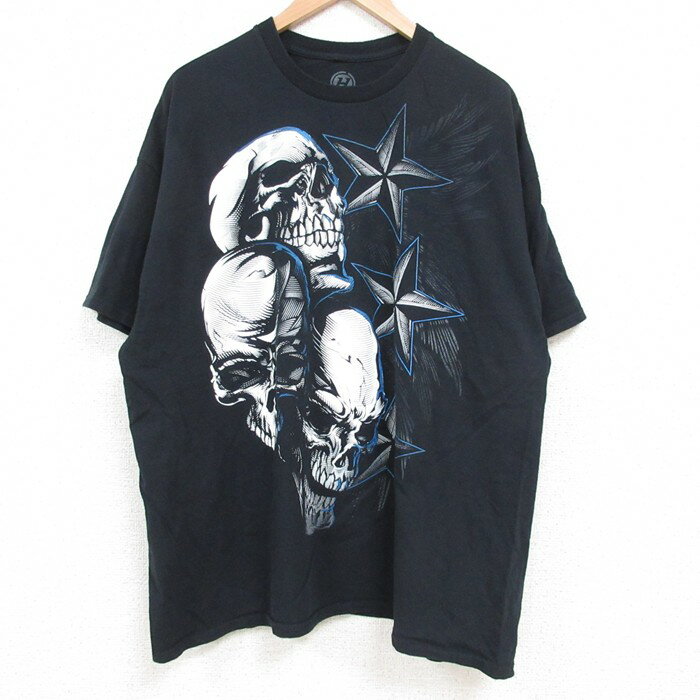 樂天商城 - 【中古】古着 半袖Tシャツ メンズ スカル 大きいサイズ 2L LL ビッグシルエット ゆったり ビッグサイズ オーバーサイズ コットン クルーネック 丸首 黒 ブラック XLサイズ 中古 | 春夏 夏物 夏服 メンズファッション カットソー ティーシャツ ティシャツ メンズT