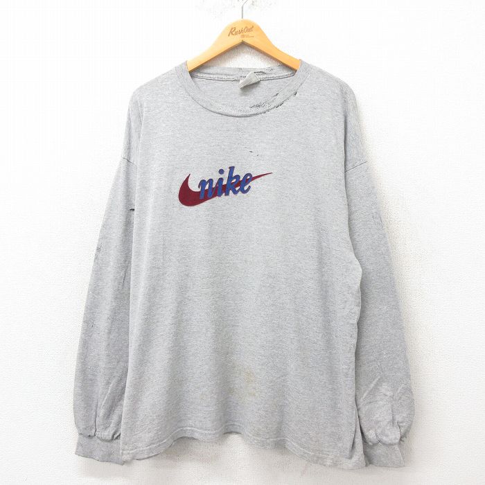 樂天商城 - 【中古】古着 ナイキ NIKE 長袖 ビンテージ ヴィンテージTシャツ メンズ 90年代 90s ビッグロゴ フロッキー 大きいサイズ 2L LL ビッグシルエット ゆったり ビッグサイズ オーバーサイズ クルーネック 丸首 USA製 アメリカ製 グレー 霜降り 【spe】 XLサイズ 中古