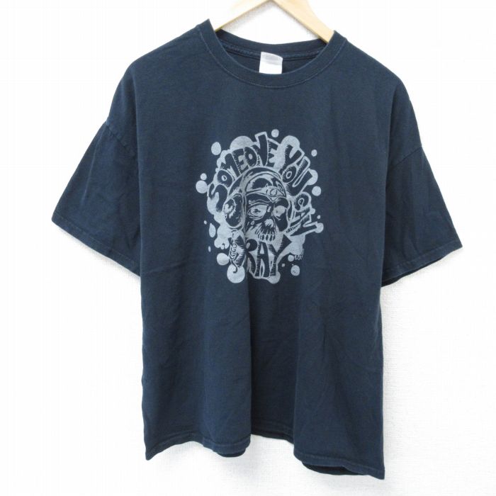 乐天商城 - 【中古】古着 スカル プリント Tシャツ メンズ XLサイズ 紺 コットン クルーネック 半袖 ストリート アメカジ カジュアル きれいめ ヴィンテージ レトロ オールド 25jun07