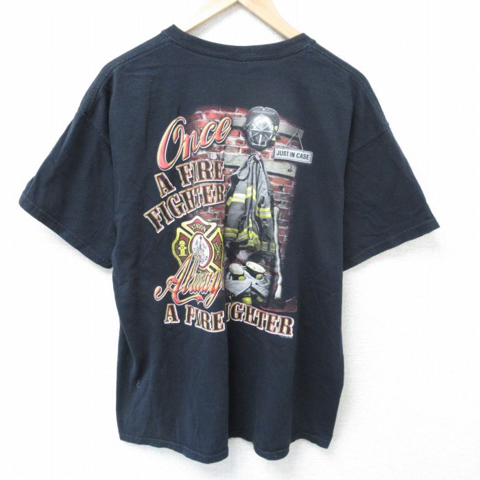【中古】古着 半袖Tシャツ メンズ 消防服 大きいサイズ 2L LL ビッグシルエット ゆったり ビッグサイズ オーバーサイズ コットン クルーネック 丸首 黒 ブラック XLサイズ 中古 | 春夏 夏物 夏服 メンズファッション カットソー ティーシャツ ティシャツ メンズT