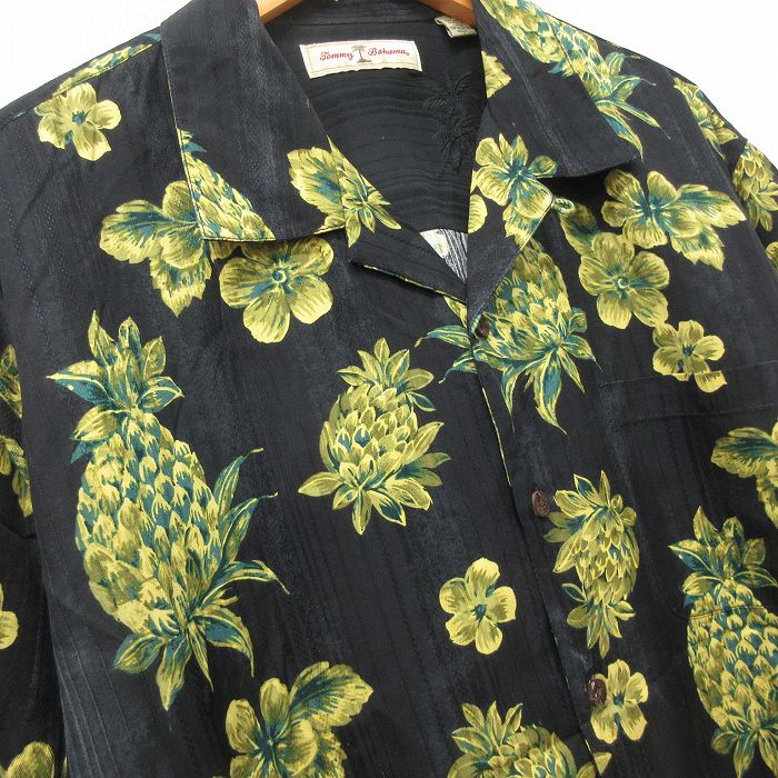 【中古】古着 半袖 ハワイアンシャツ アロハシャツ メンズ パイナップル シルク 開襟 オープンカラー 黒 ブラック XLサイズ 中古 アロハ トップス | 春夏 春物 春服 夏物 夏服 カジュアルシャツ メンズファッション 半袖シャツ おしゃれ カジュアル
