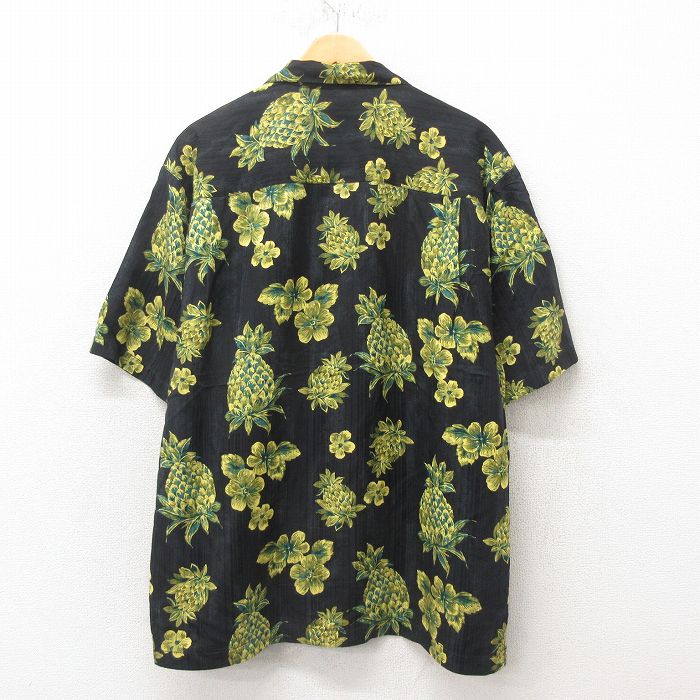 【中古】古着 半袖 ハワイアンシャツ アロハシャツ メンズ パイナップル シルク 開襟 オープンカラー 黒 ブラック XLサイズ 中古 アロハ トップス | 春夏 春物 春服 夏物 夏服 カジュアルシャツ メンズファッション 半袖シャツ おしゃれ カジュアル